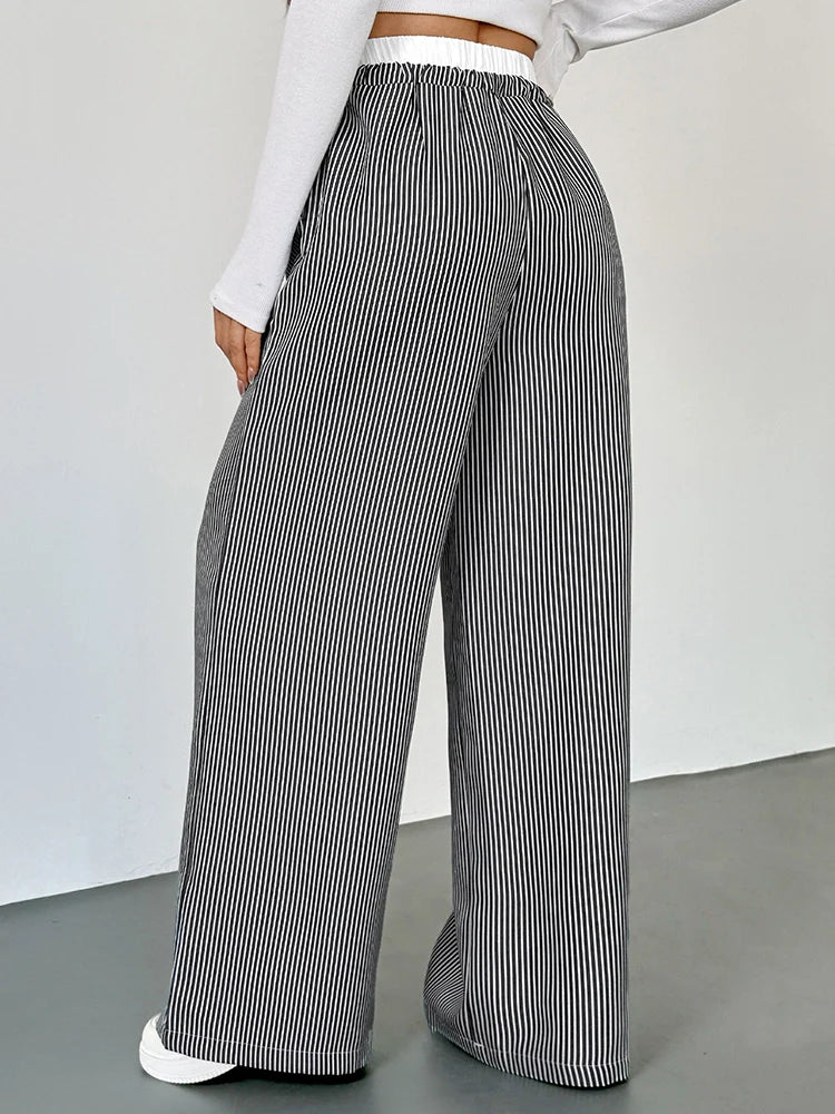Women's Striped High Waist Wide Leg Pants Loose Color Block Straight Leg Suit Trousers