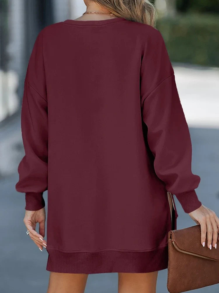 Long Sleeve Drop Shoulder Pullover Casual Zipper Side Slit Top