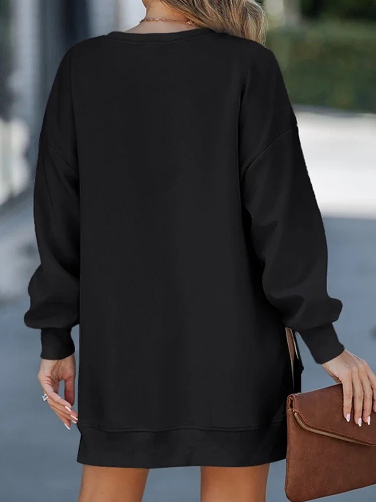 Long Sleeve Drop Shoulder Pullover Casual Zipper Side Slit Top