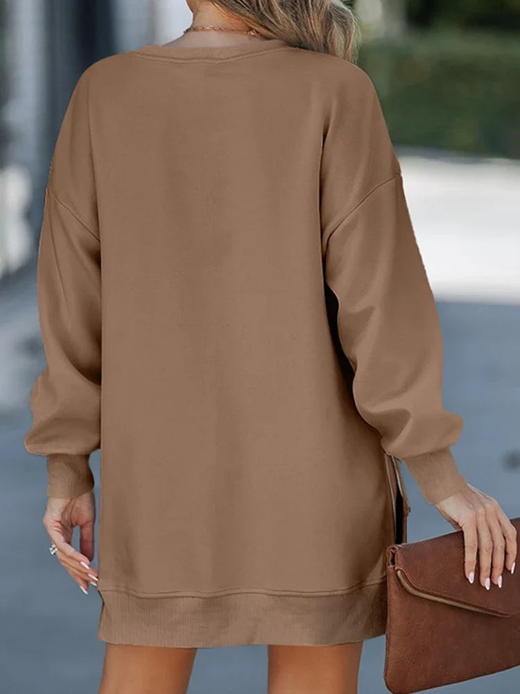 Long Sleeve Drop Shoulder Pullover Casual Zipper Side Slit Top