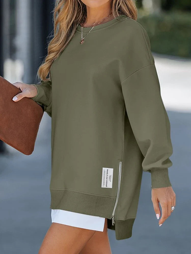 Long Sleeve Drop Shoulder Pullover Casual Zipper Side Slit Top