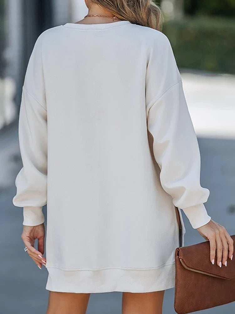 Long Sleeve Drop Shoulder Pullover Casual Zipper Side Slit Top