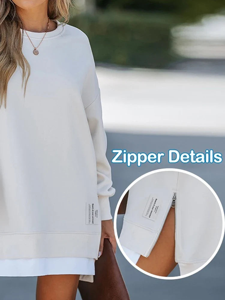 Long Sleeve Drop Shoulder Pullover Casual Zipper Side Slit Top