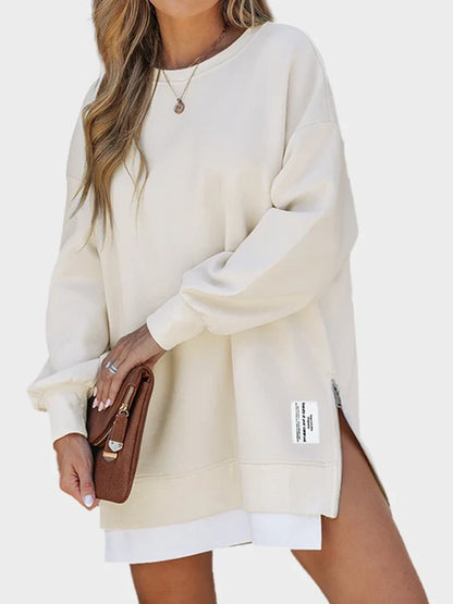 Long Sleeve Drop Shoulder Pullover Casual Zipper Side Slit Top