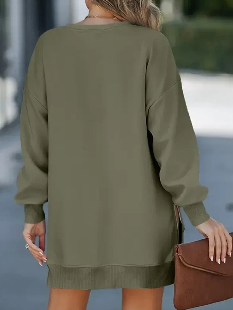 Long Sleeve Drop Shoulder Pullover Casual Zipper Side Slit Top