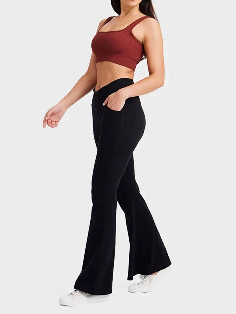 Crossover High Waisted Bell Bottom Jeans Yoga Pants Stretchy Flare Leggings With Pockets
