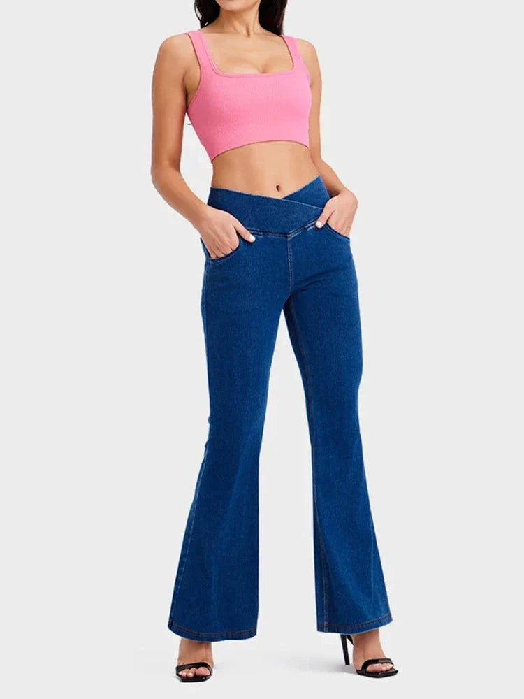 Crossover High Waisted Bell Bottom Jeans Yoga Pants Stretchy Flare Leggings With Pockets