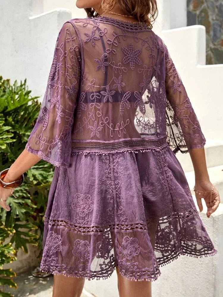 Women's Contrast Lace Bathing Suit Cover Up V-Neck Swimsuit Coverups Loose Swimwear