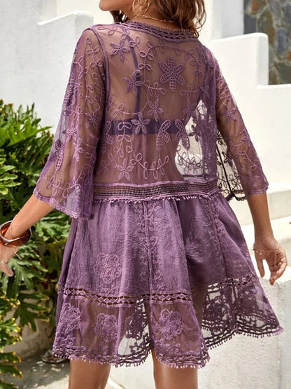 Women's Contrast Lace Bathing Suit Cover Up V-Neck Swimsuit Coverups Loose Swimwear