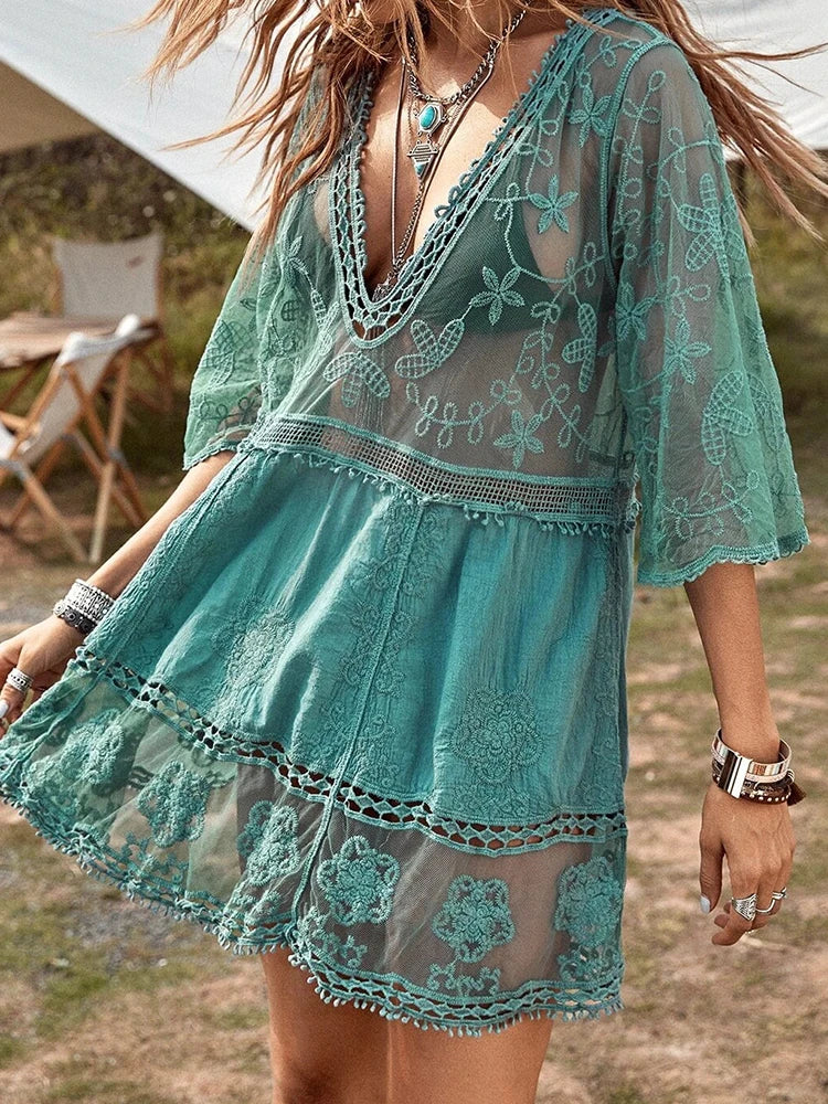 Women's Contrast Lace Bathing Suit Cover Up V-Neck Swimsuit Coverups Loose Swimwear