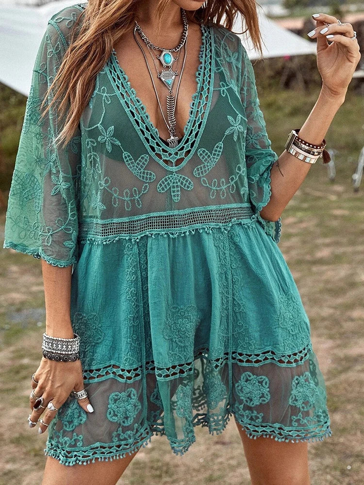 Women's Contrast Lace Bathing Suit Cover Up V-Neck Swimsuit Coverups Loose Swimwear