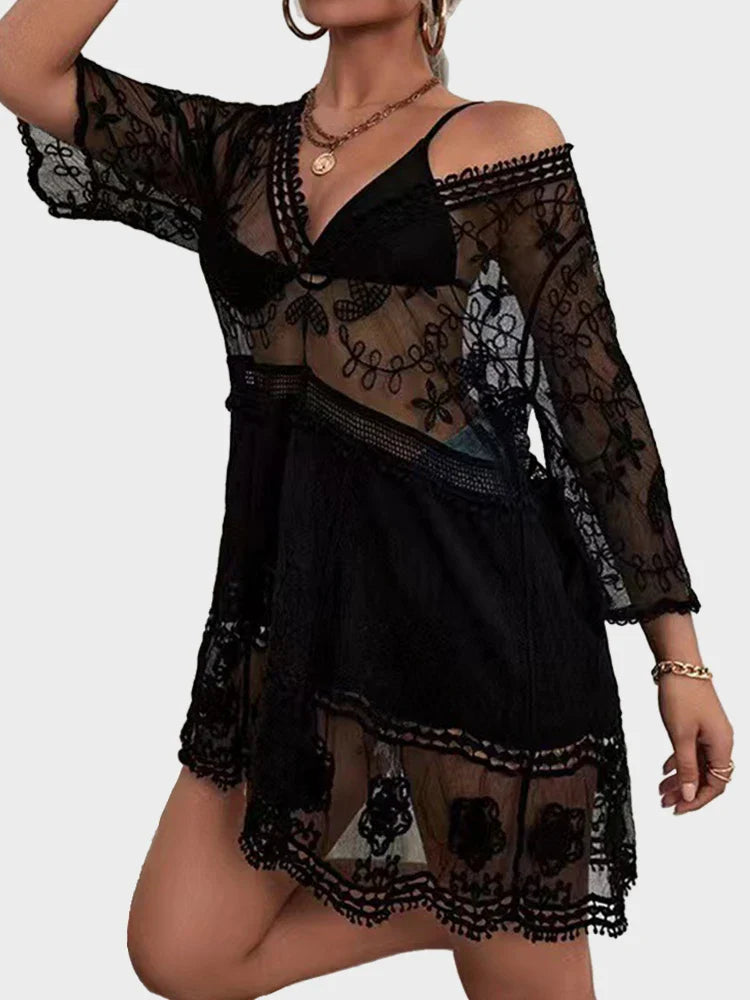Women's Contrast Lace Bathing Suit Cover Up V-Neck Swimsuit Coverups Loose Swimwear
