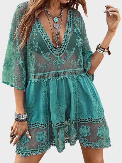 Women's Contrast Lace Bathing Suit Cover Up V-Neck Swimsuit Coverups Loose Swimwear