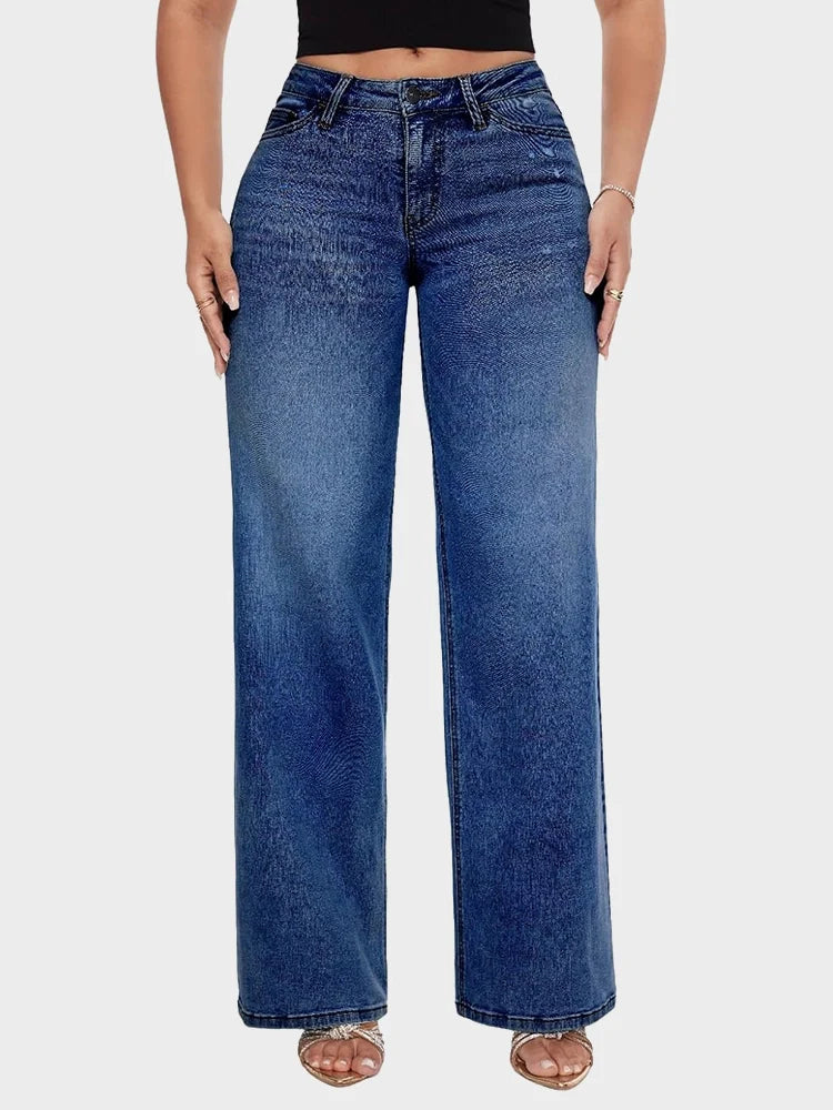Mid Low Rise Baggy Stretchy Wide Leg Distressed Jeans