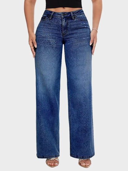 Mid Low Rise Baggy Stretchy Wide Leg Distressed Jeans
