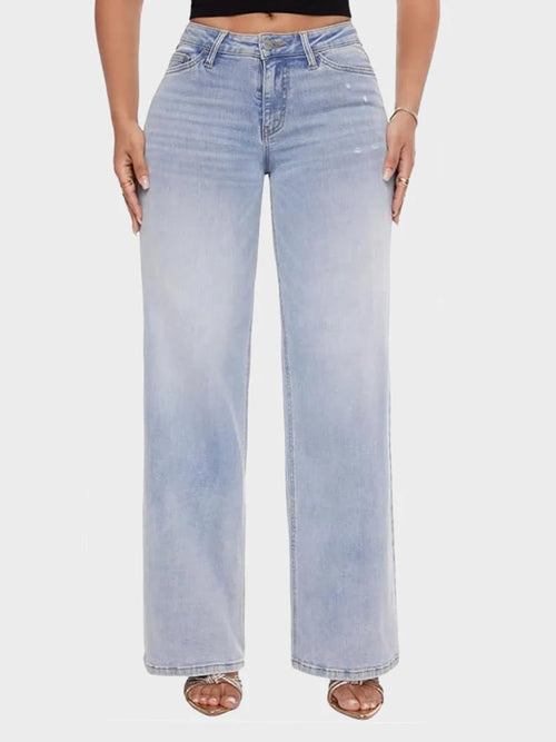 Mid Low Rise Baggy Stretchy Wide Leg Distressed Jeans